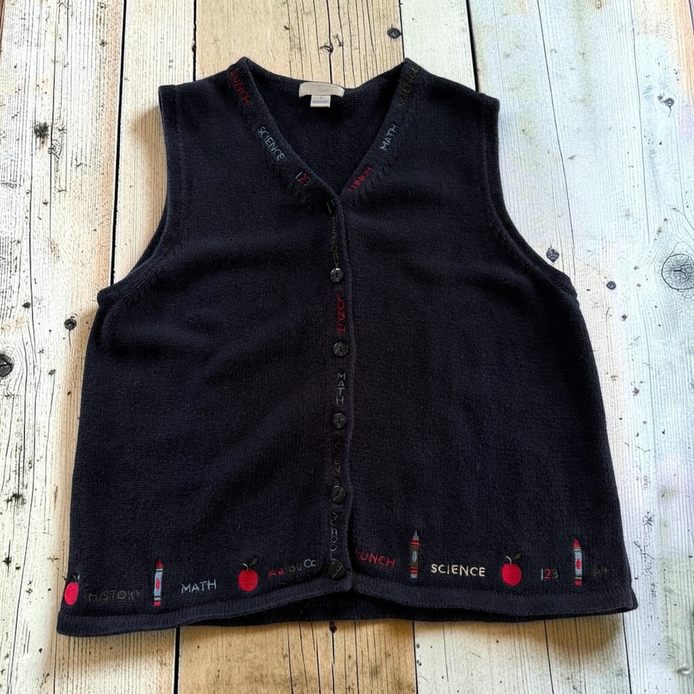 Teacher School Embroidered Button Vest Navy Womens L Christopher & Banks